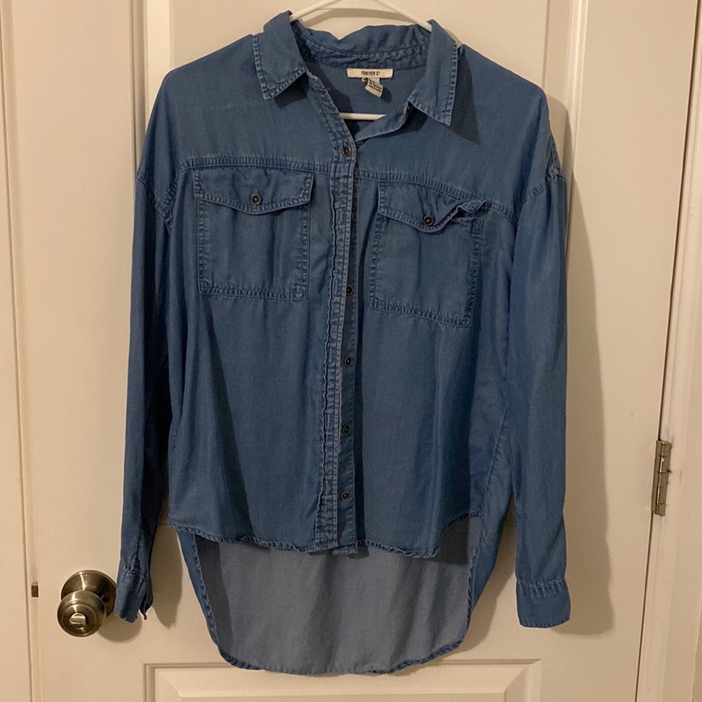 High low denim button down